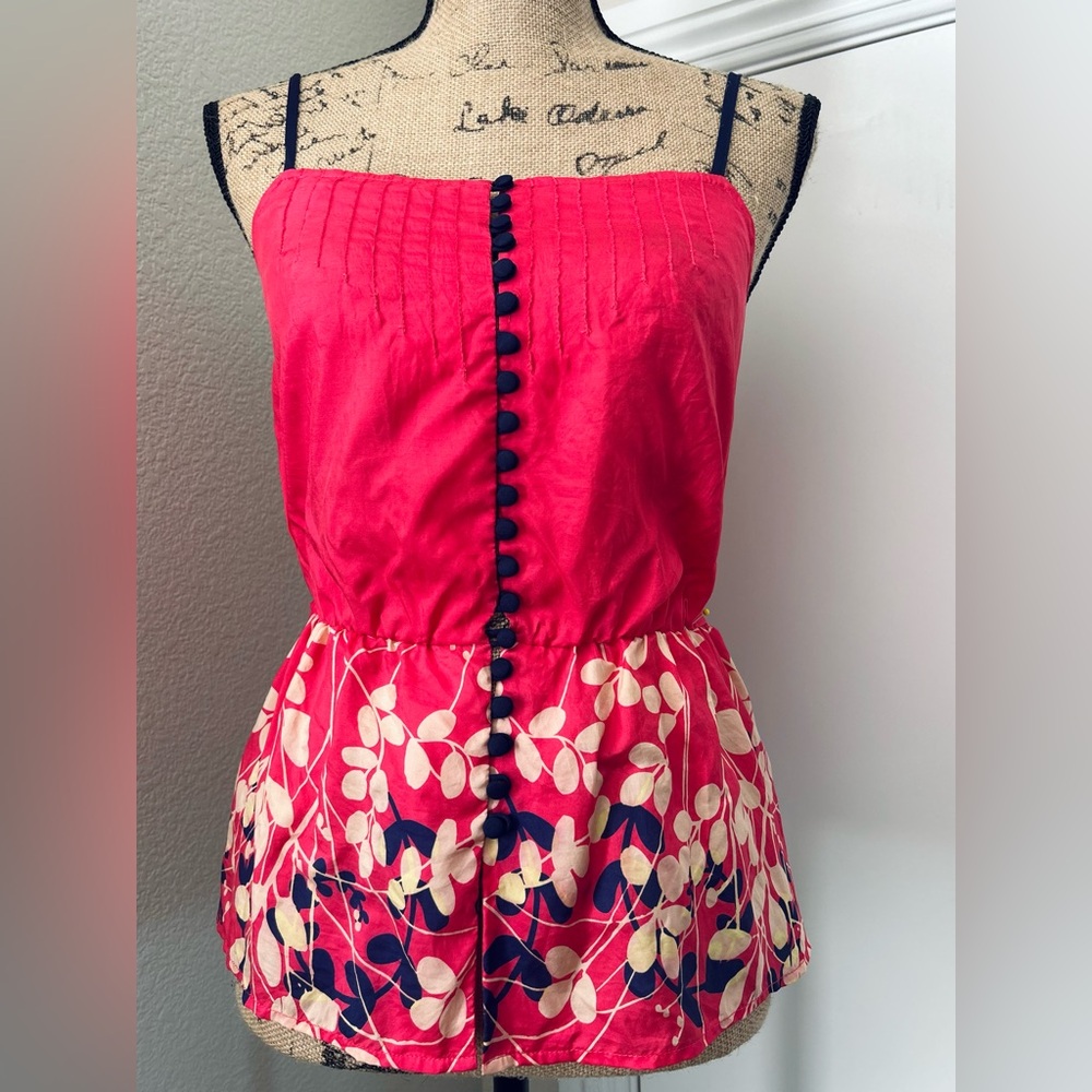 Sleeveless Bright Pink Floral Mini Top with Navy Trim, 100% silk